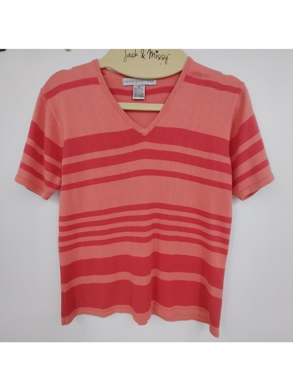Fundamental Things T-Shirt Coral Pink Striped V Neck Top Women Medium Acrylic